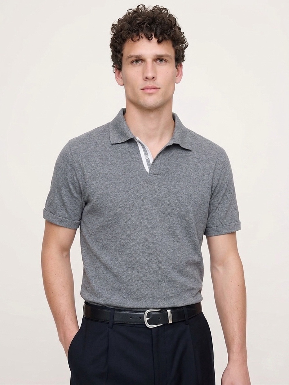 115 BANANA REPUBLIC Men's Standard Fit Silk-Cashmere Blend SS Polo, Grey Medium
